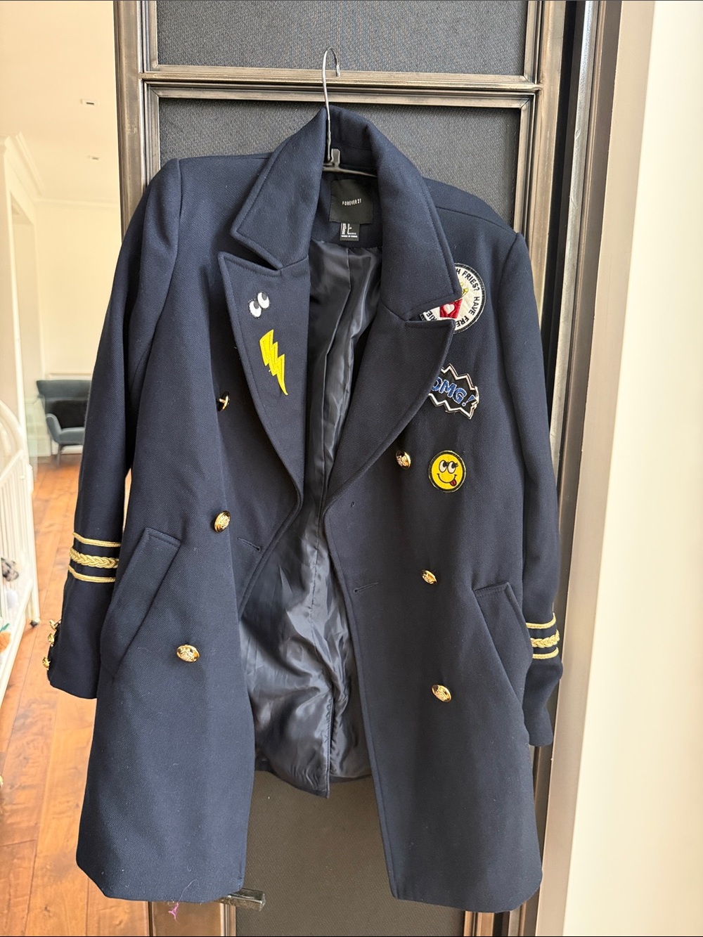 Navy Double-Breasted Patch Wool Coat